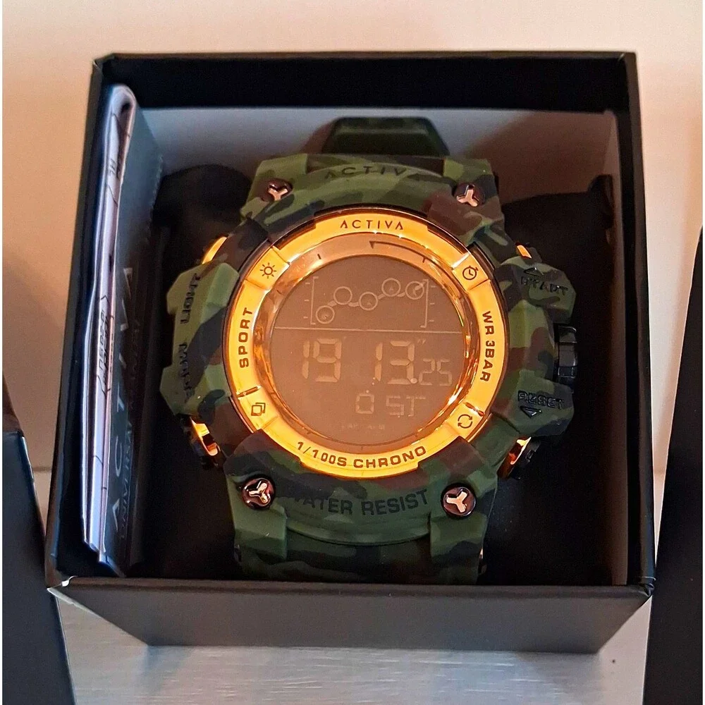 ACTIVA Men's Digital Camo Sport Quartz Chronograph Backlight 3 ATM Box Papers
